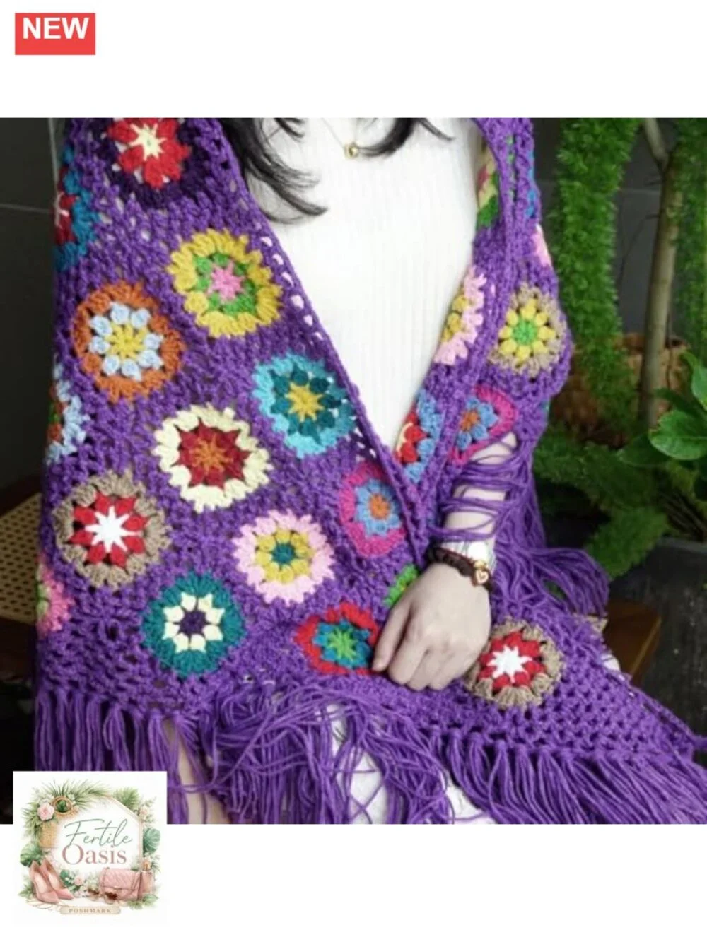 Boho Crochet Shawl Wrap Lightweight Handmade Fringe Pashmina Women